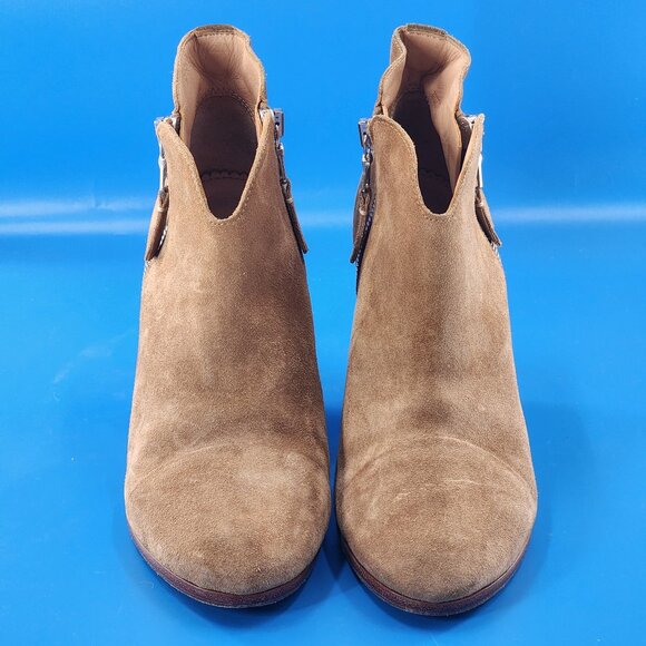 RAG & BONE Margot Tan Suede High Block Heel Ankle Bootie Double Zip - Picture 3 of 10